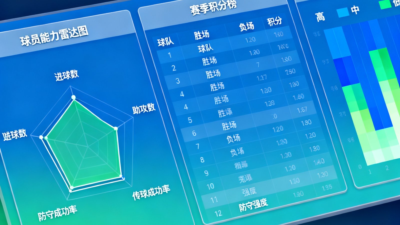 数据统计仪表盘界面，展示球员雷达图、赛季积分榜和球队进攻效率热力图，数据可视化设计精美